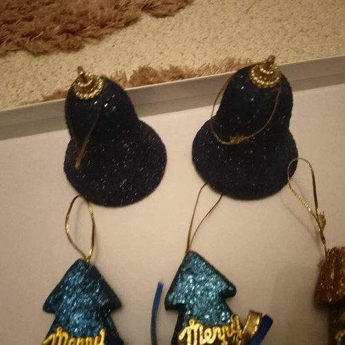 Set of 3 Merry Christmas hanging trees and 2 black glitter bells like new