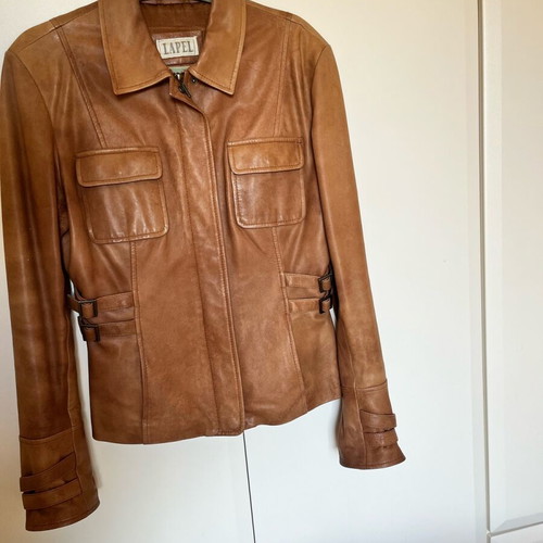 Lapel leather jacket used, brown, size medium
