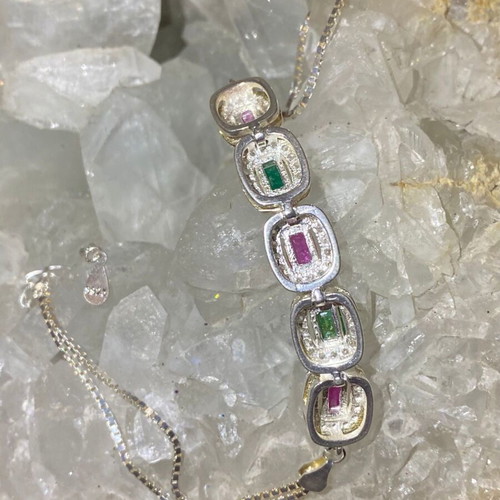 Handmade silver bracelet with natural emerald, ruby and moissanite, new