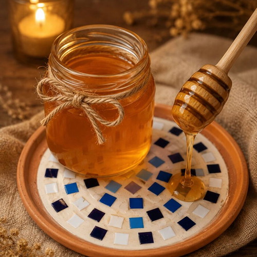 Domi handmade ceramic plate with glass mosaic and wooden honey spoon