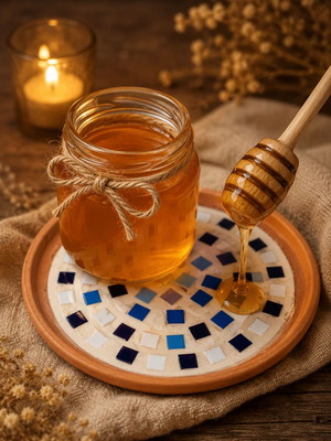 Domi handmade ceramic plate with glass mosaic and wooden honey spoon