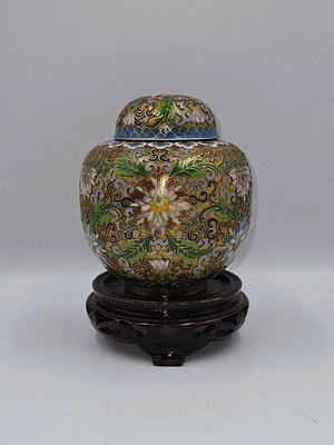 Cloisonne embossed vase with enamel flowers used with lid and base