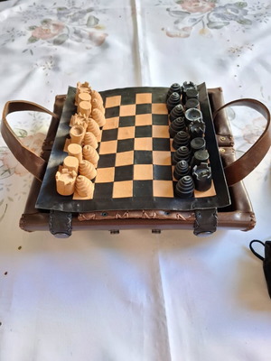 Handmade leather vintage travel chess set used from Spain