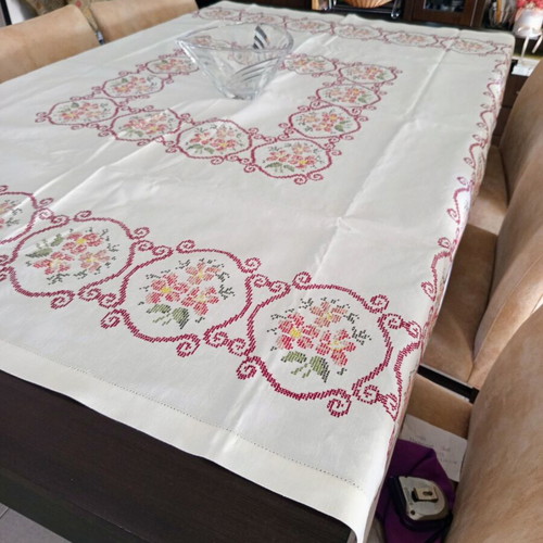 Handmade White Tablecloth 155x166 cm with Cross Stitch and Azur Finish