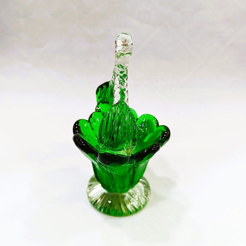 Vintage Miniature Art Glass Basket mint condition, emerald & white
