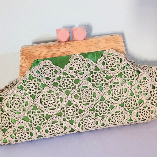 Handmade crochet bag nude and green satin with minky lining