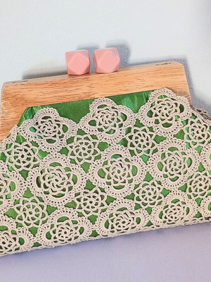 Handmade crochet bag nude and green satin with minky lining