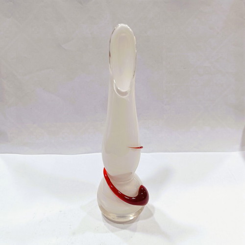 Vintage Italian Vase Flame handmade hand-blown Opalina glass with red swirl