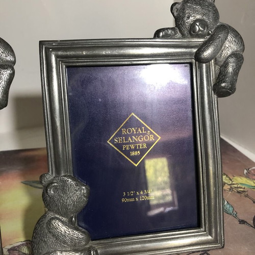 Royal Selangor pewter teddy bear photograph frames used, set of two