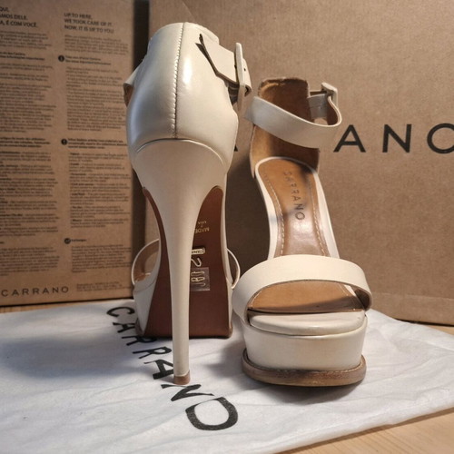 Caranno strapped heels used beige leather wedding shoes, 14 cm heel