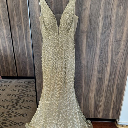 Carma luxury gold pearl embellished evening gown like new