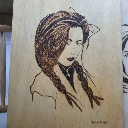 Wooden art frames with female portraits by Fragkiskos, set of 2