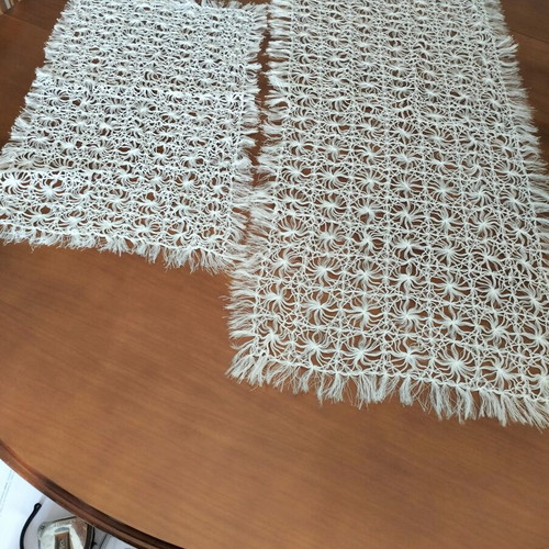 Set of two handmade white lace table runners with fringes like new