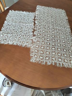 Set of two handmade white lace table runners with fringes like new