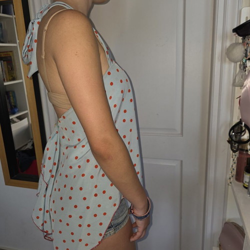 Light Blue Halter Top with Red Polka Dots Used, Size S