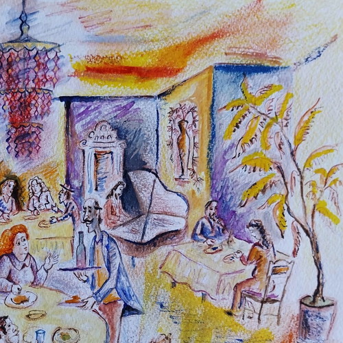 Restaurant Watercolor and Pastel Drawing New
