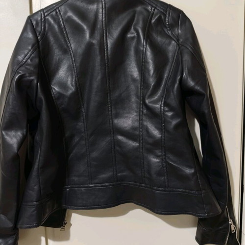 Short fitted black biker-style faux leather jacket like new