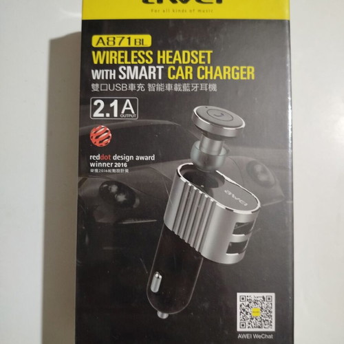 Awei A871BL rechargeable Bluetooth headset with USB car charger, new, black