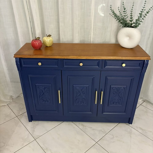 Modern classic buffet used, navy blue and natural wood