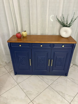 Modern classic buffet used, navy blue and natural wood