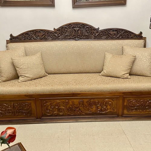 Solid Walnut Sofa Hand-Carved Like New with Storage Space