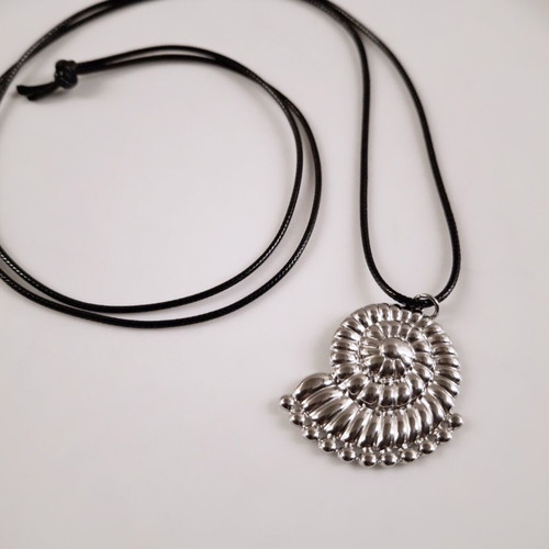 Long necklace with black cord and steel snail pendant, new