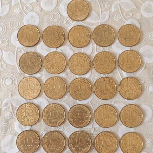French coins used, pack of 26, 10 centimes 1973-1998
