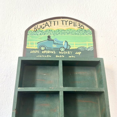 Wooden shelf with 4 compartments, Bugatti Type 35 vintage racing design