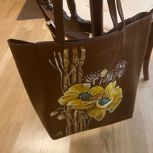 Painted bag with yellow poppies new, brown, large capacity 40x45