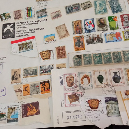 Vintage Greek Stamp Collection with Covers and Philatelist Receipts used