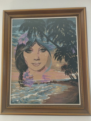 Premium vintage gobelin embroidery "Tropical Woman & Palms" signed, like new
