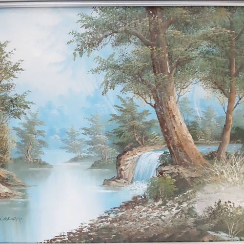 Original Oil Painting Abstract Landscape River in Forest Signed