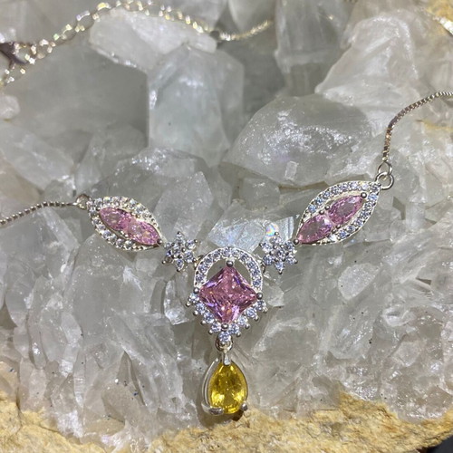 Silver Necklace with Natural Pink Tourmaline, Citrine and Moissanite