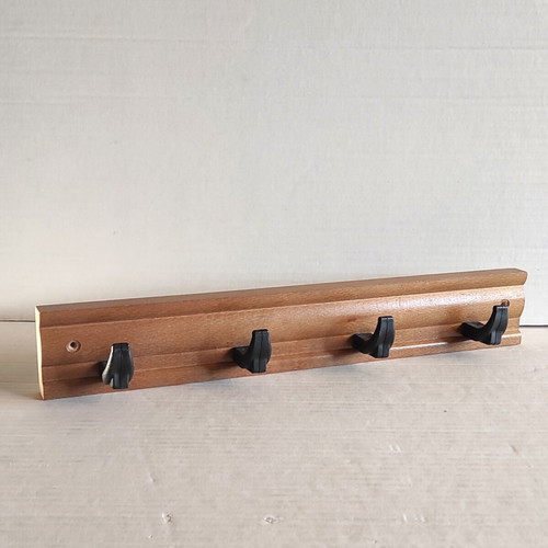Wooden wall hanger with 4 black plastic hooks, new
