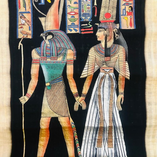 Egyptian Papyrus with Queen Nefertari and God Horus in Frame new