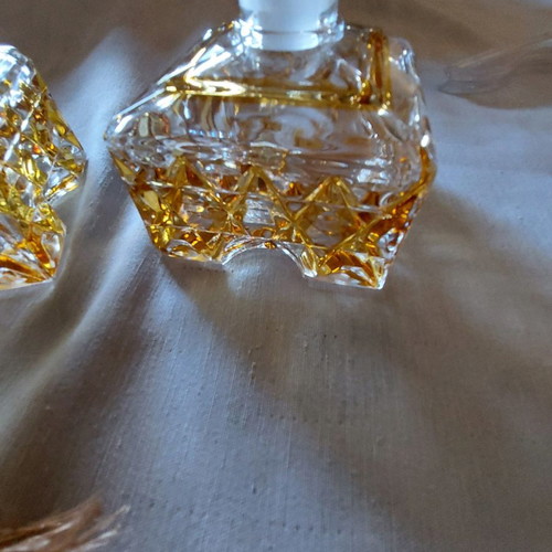 Crystal toilet set used, 2 bottles with yellow double crystal