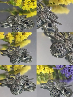 Χειροποίητη vintage καρφίτσα από ασήμι με ζαφείρια και μαρκασίτες μεταχειρισμένη