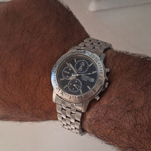 Seiko Quartz Japan Chronograph Alarm watch used, blue dial, silver bracelet