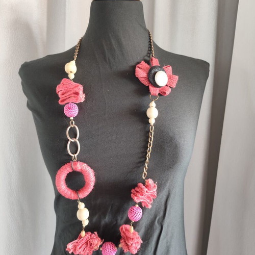 Statement handmade necklace with fabric and crochet beads