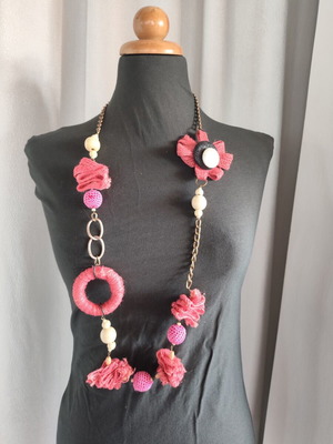 Statement handmade necklace with fabric and crochet beads