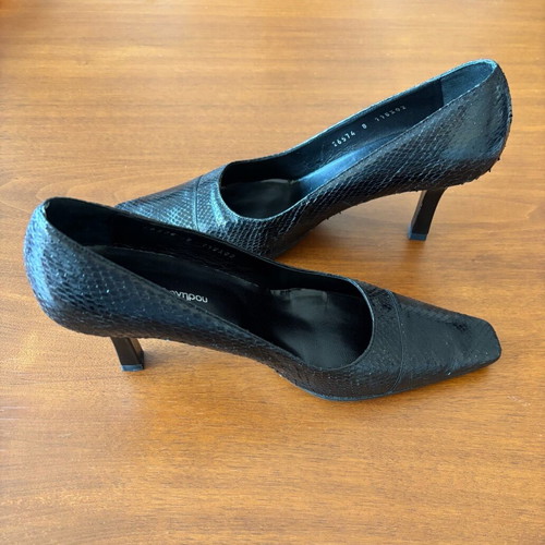 Kalogirou Black Leather Snake Print Heels like new, size 39-39.5