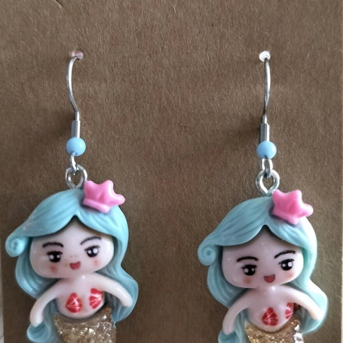Handmade children's earrings mermaid theme multicolor new, set of 6