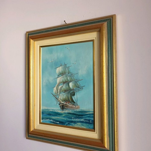 Seascape painting used, signed, framed 36x31 cm