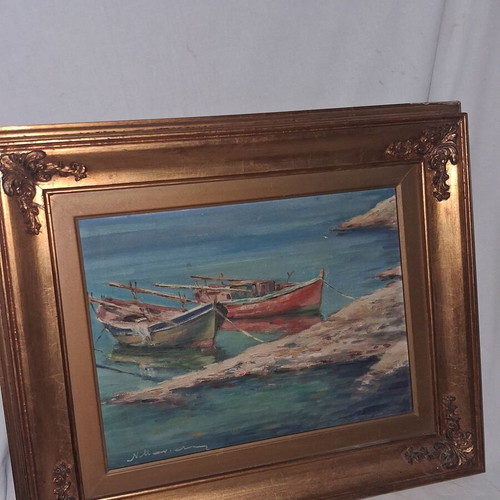 Nikos Maniatis Seascape with Traditional Boats Oil Painting on Hardboard