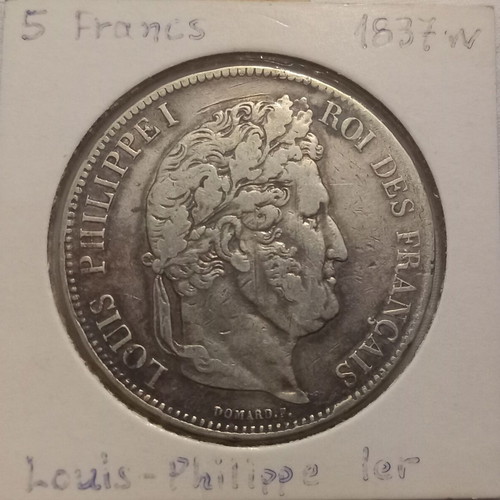 Silver coin 5 Francs 1837 used, 25gr silver 900/1000
