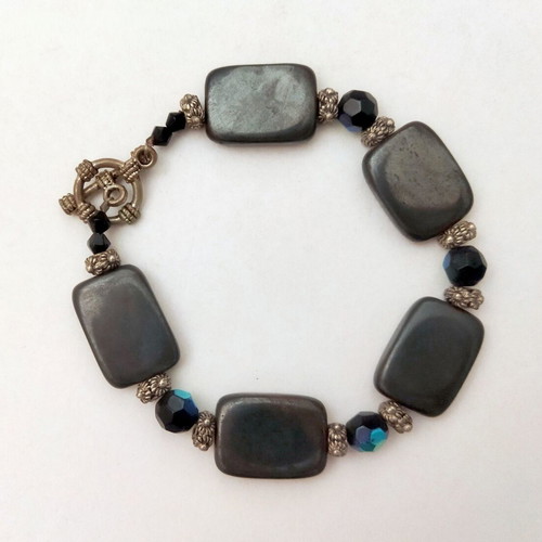 Vintage hematite bracelet with black and blue crystal beads used