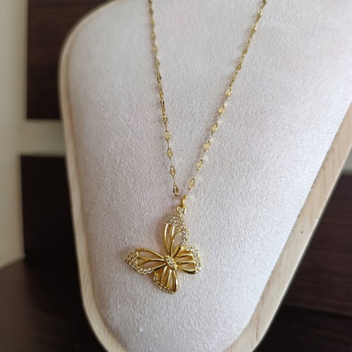 Butterfly necklace with zircon, like new, stainless steel, gold color