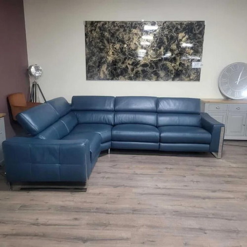 Turquoise Blue Leather Corner Sofa Torres with Electric Relax Mechanism New