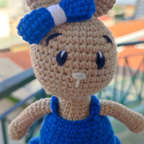 Amigurumi knitted bunny new with blue dress and bow