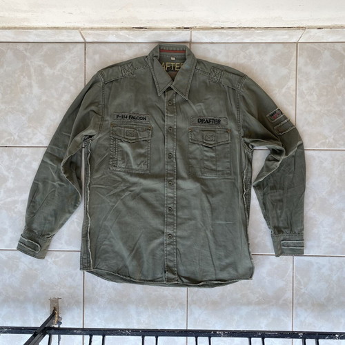 Drafter military style utility button-down shirt, green, size L